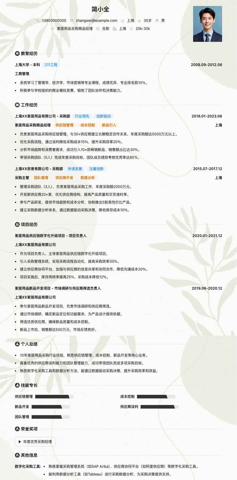 家居用品采购商品经理简历模板