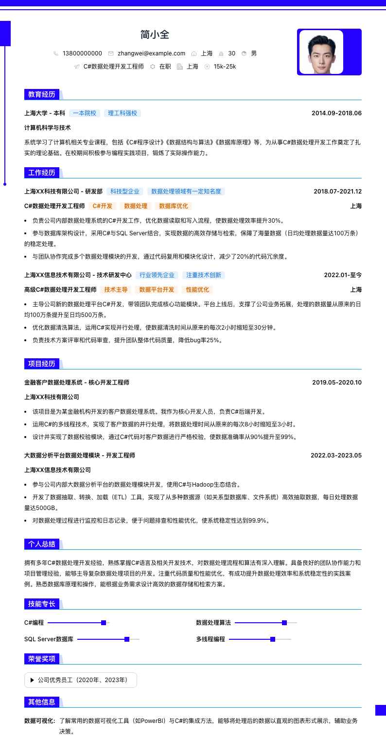 C#数据处理开发工程师简历模板