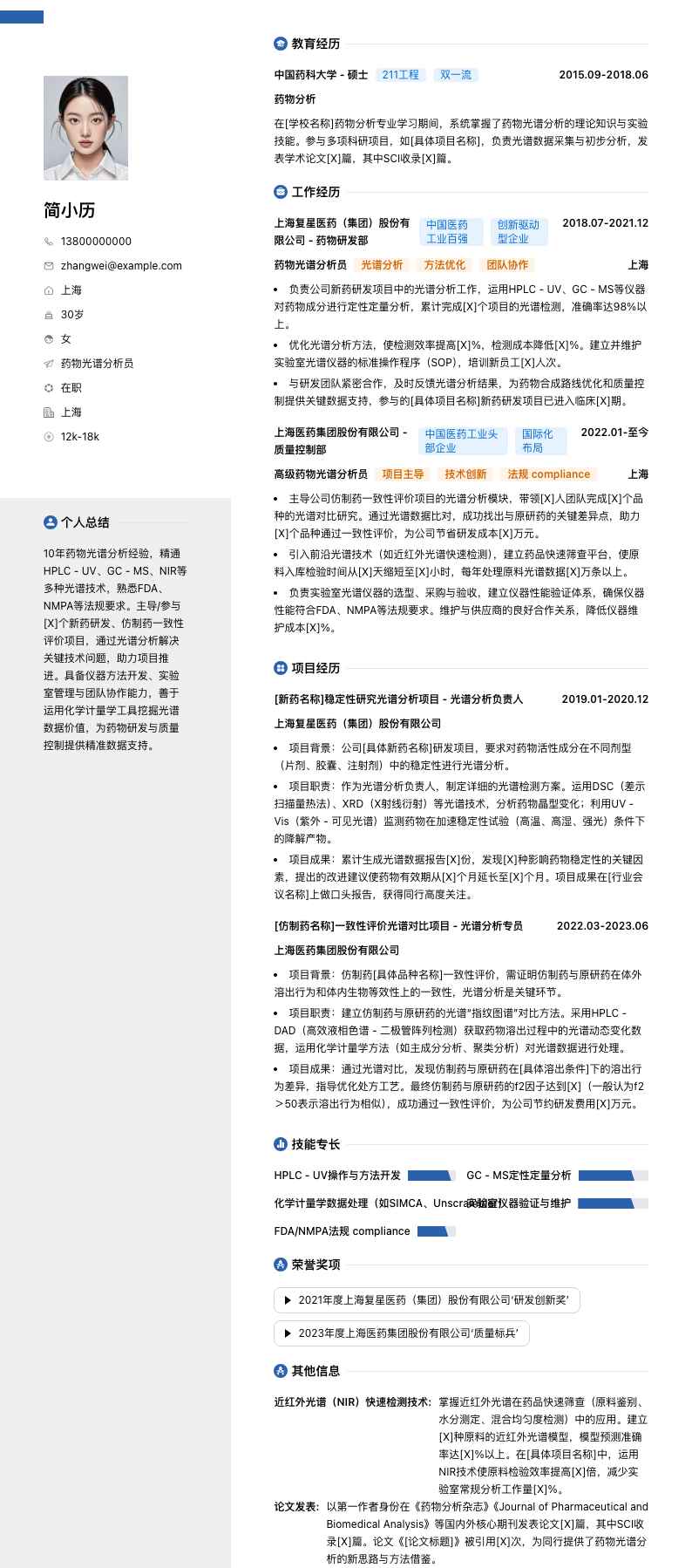 药物光谱分析员简历模板