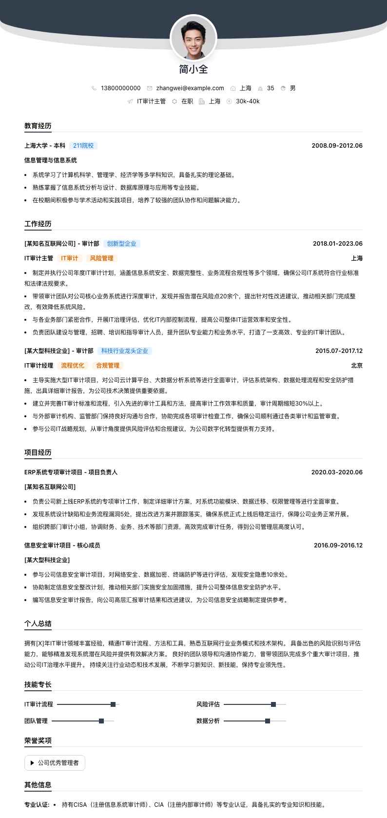 it审计主管简历模板