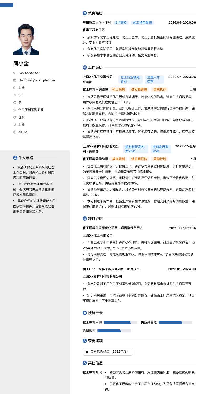 化工原料采购助理简历模板