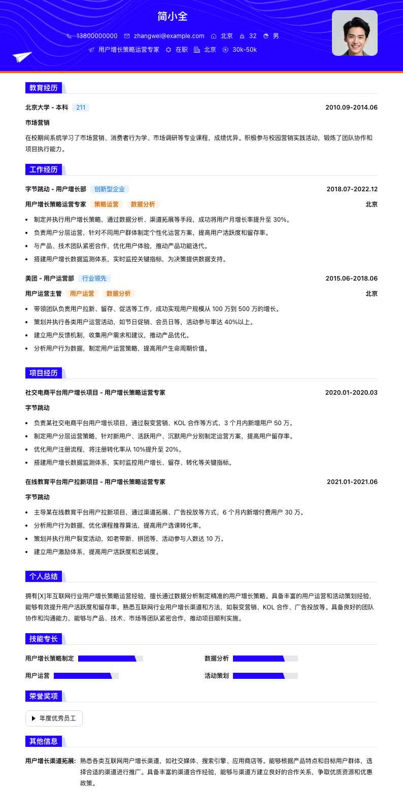 用户增长策略运营专家简历模板