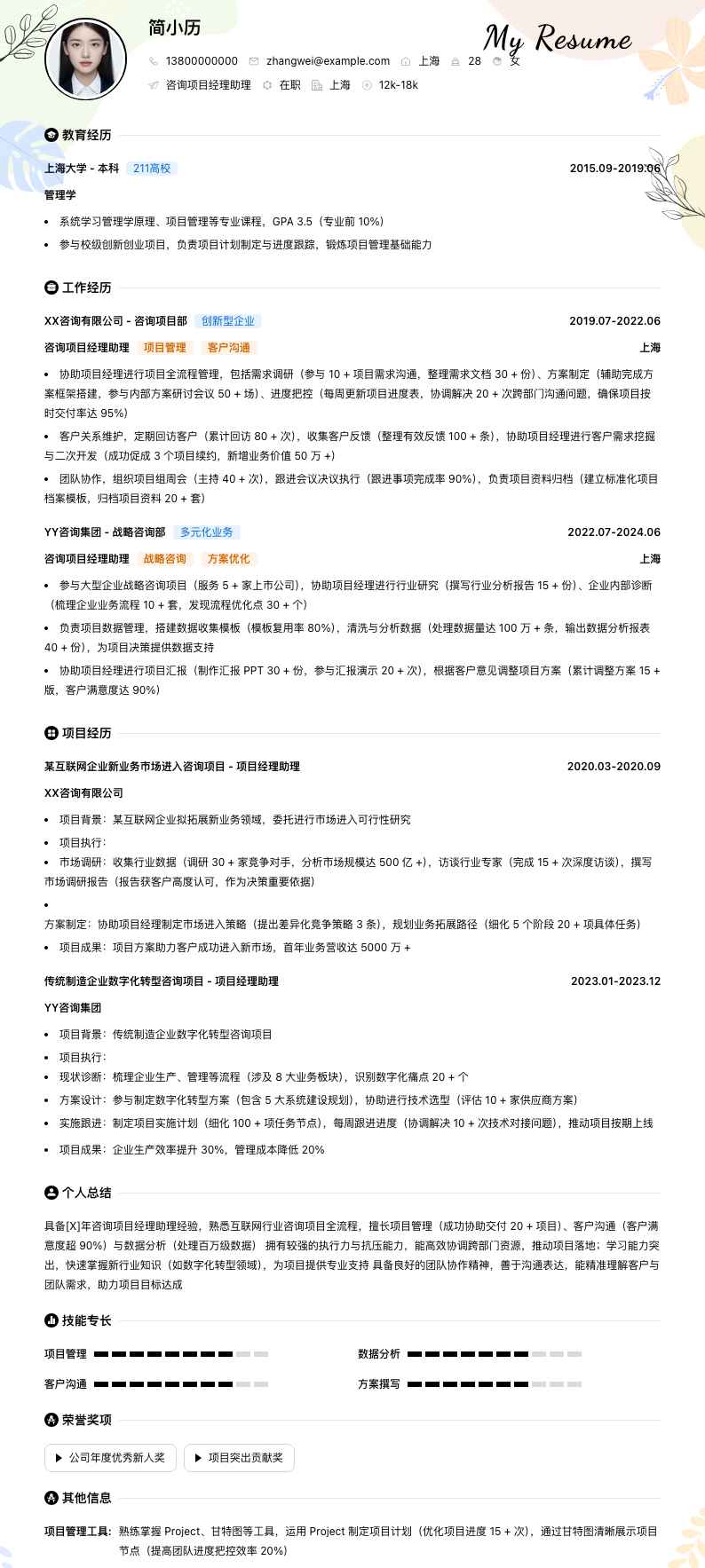 咨询项目经理助理简历模板