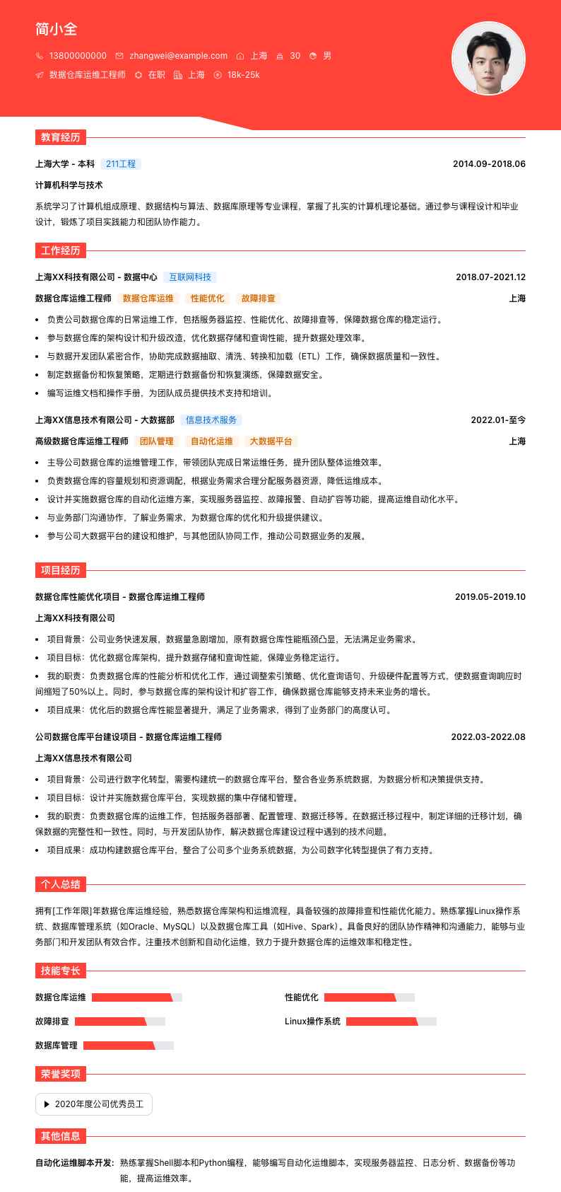 数据仓库运维工程师简历模板