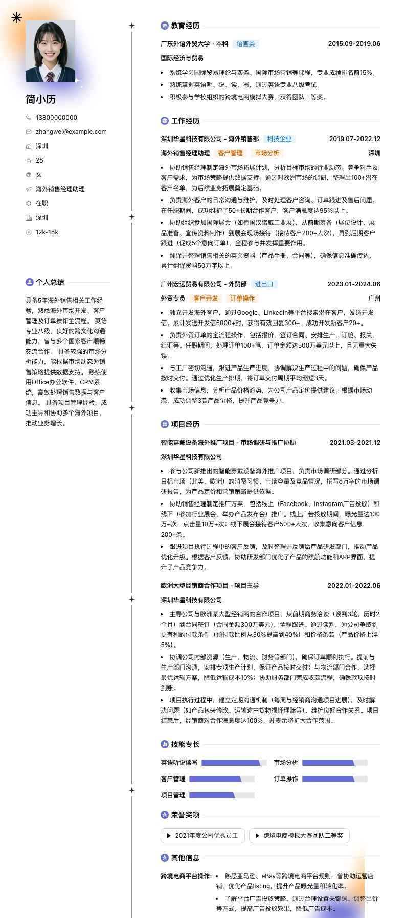 海外销售经理助理简历模板