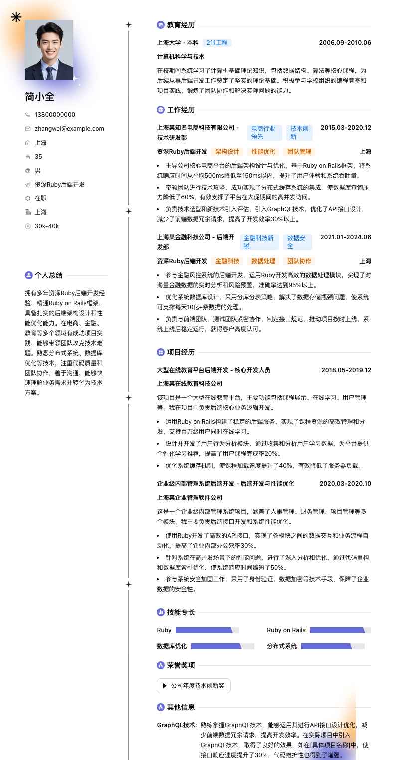 资深Ruby后端开发简历模板