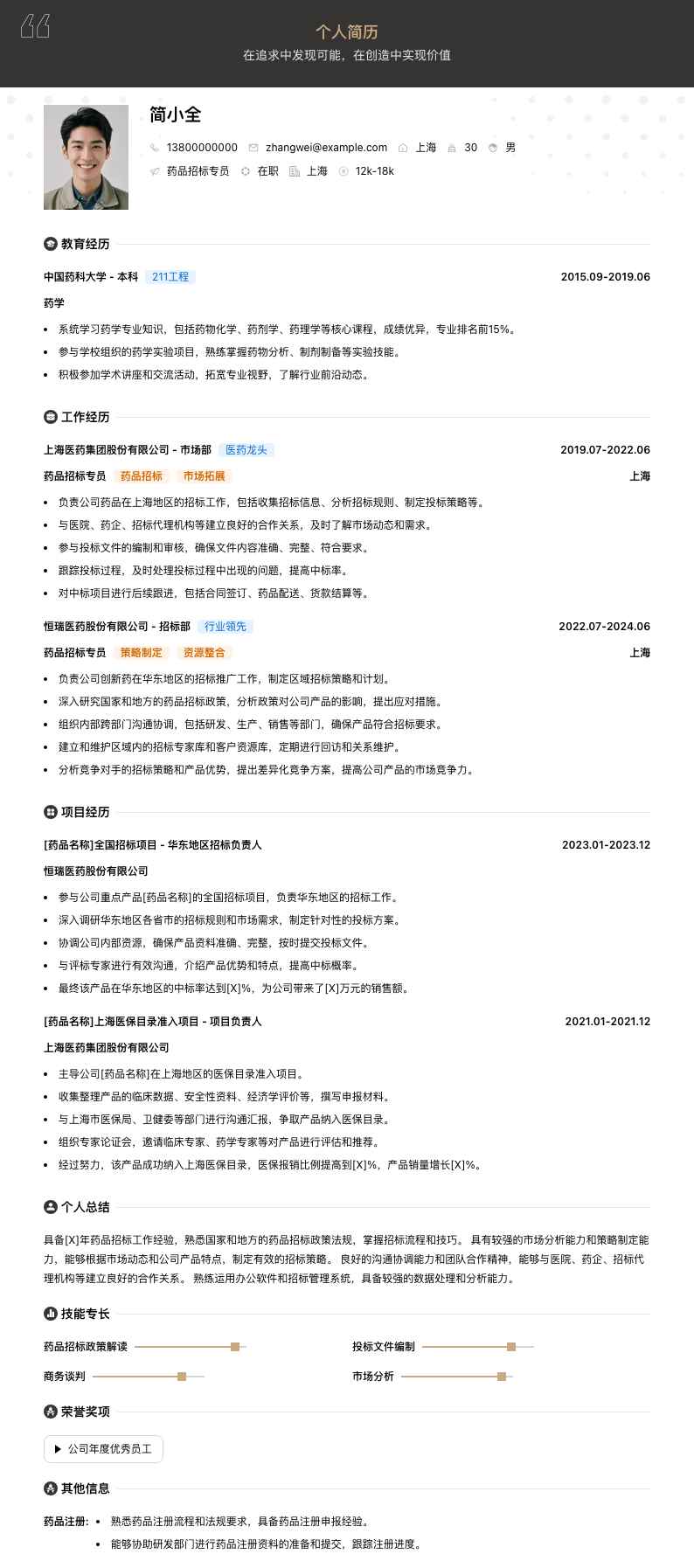 药品招标专员简历模板