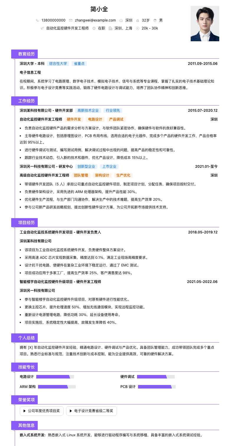 自动化监控硬件开发工程师简历模板