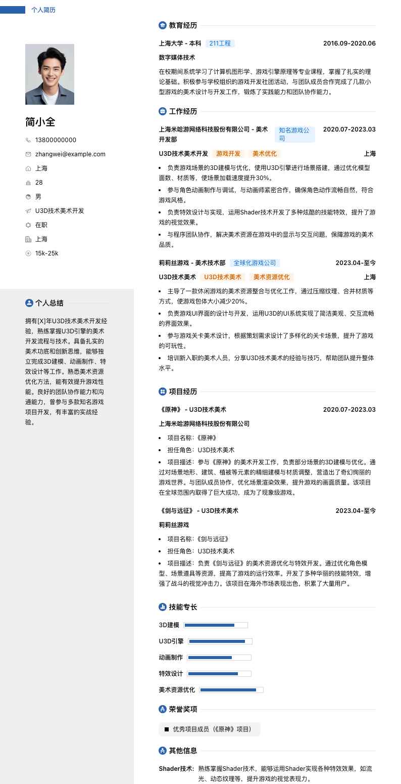 u3d技术美术简历模板