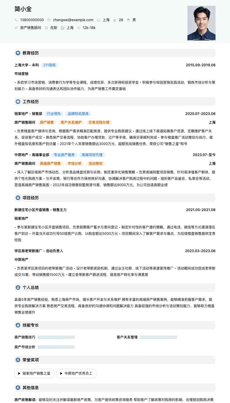 房产销售顾问简历模板