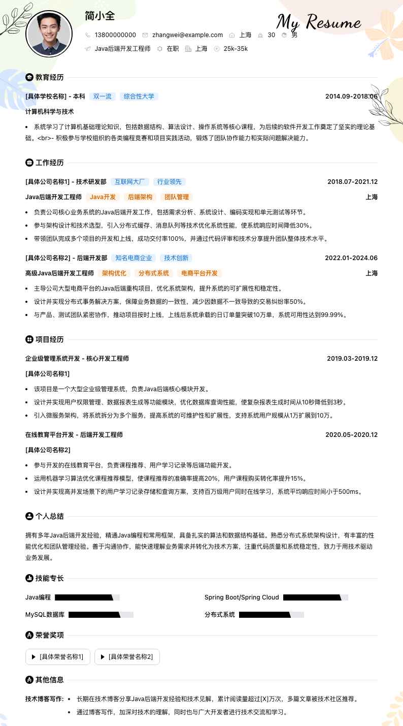 Java后端开发工程师简历模板