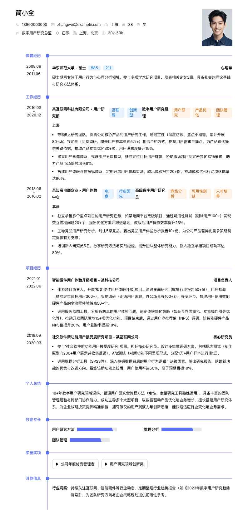 数字用户研究总监简历模板