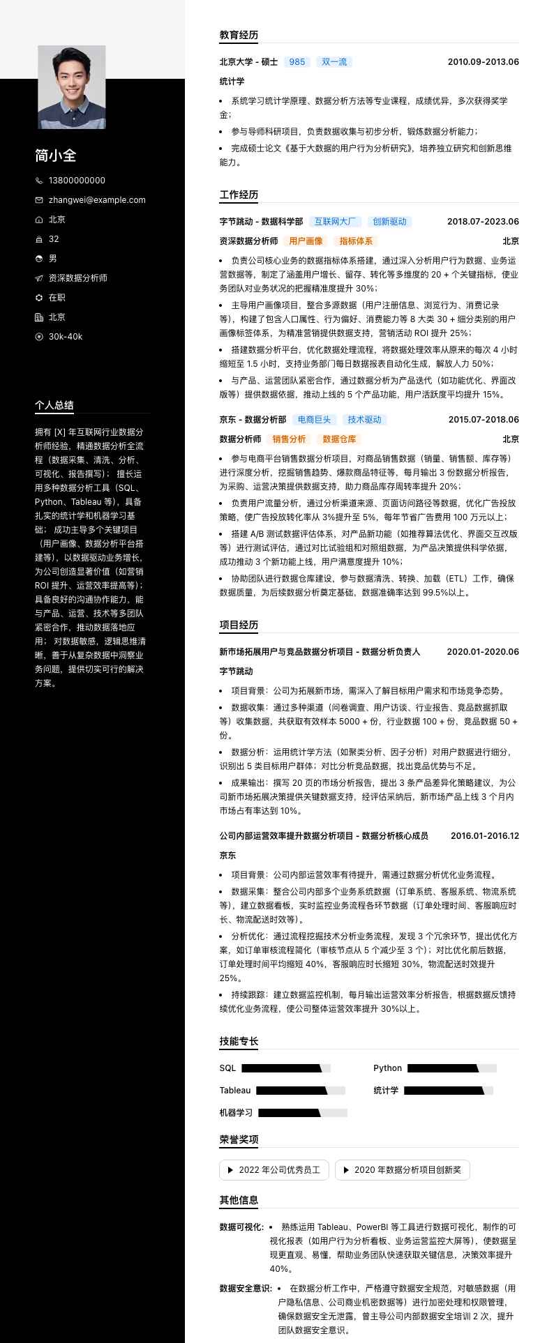 资深数据分析师简历模板