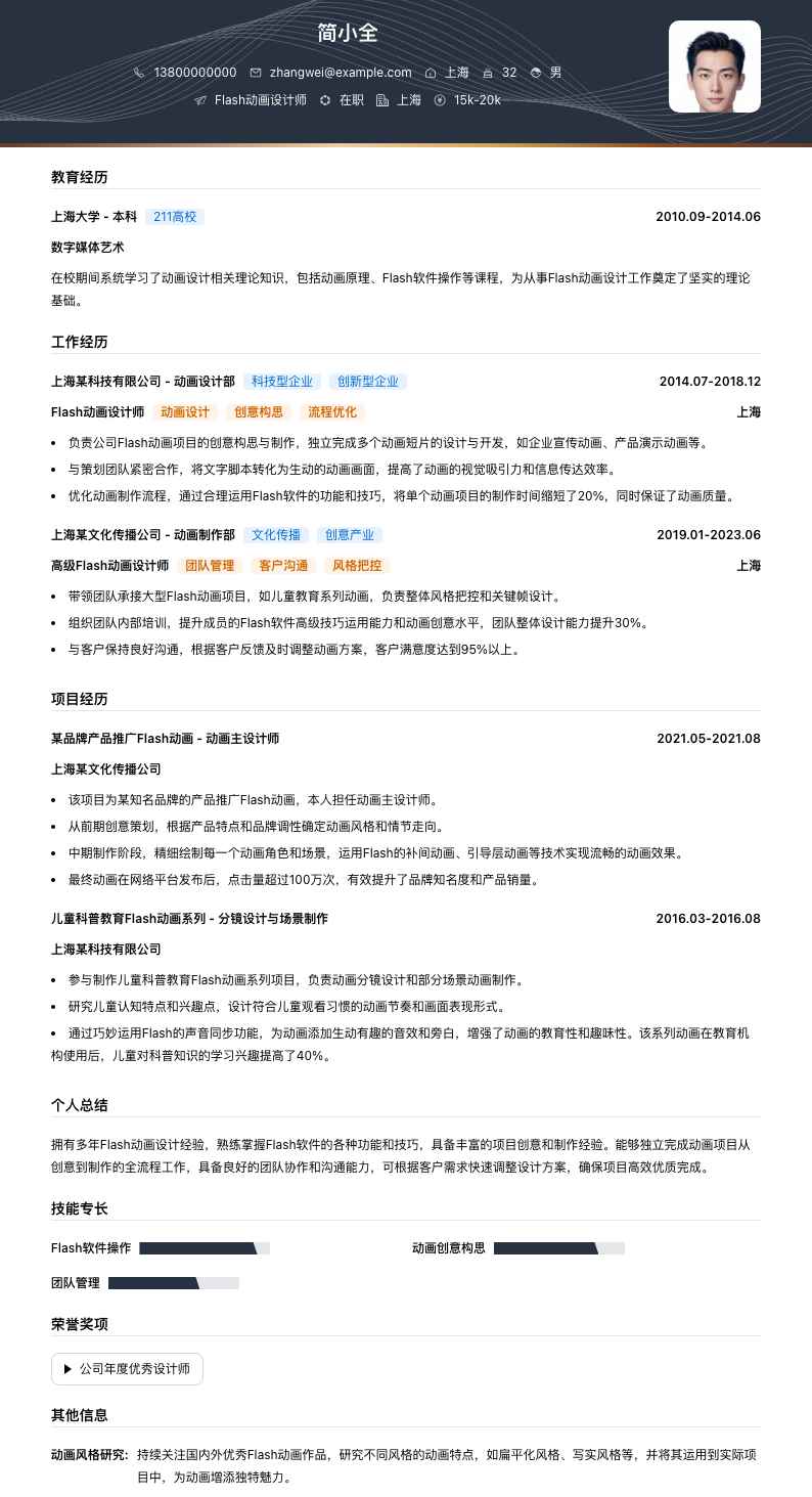 Flash动画设计师简历模板