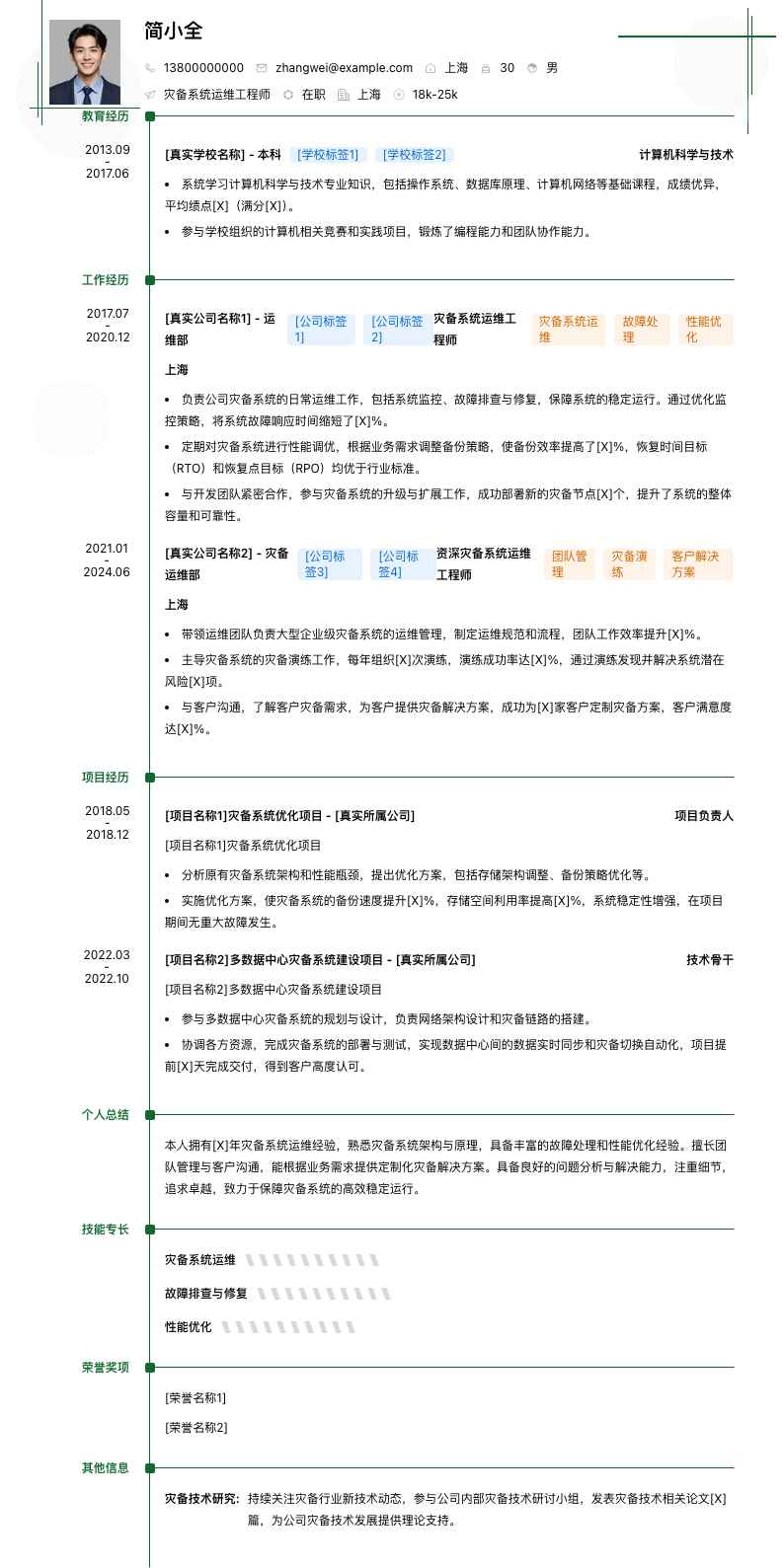 灾备系统运维工程师简历模板