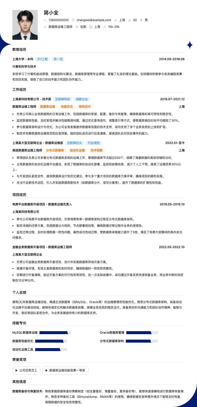 数据库运维工程师简历模板