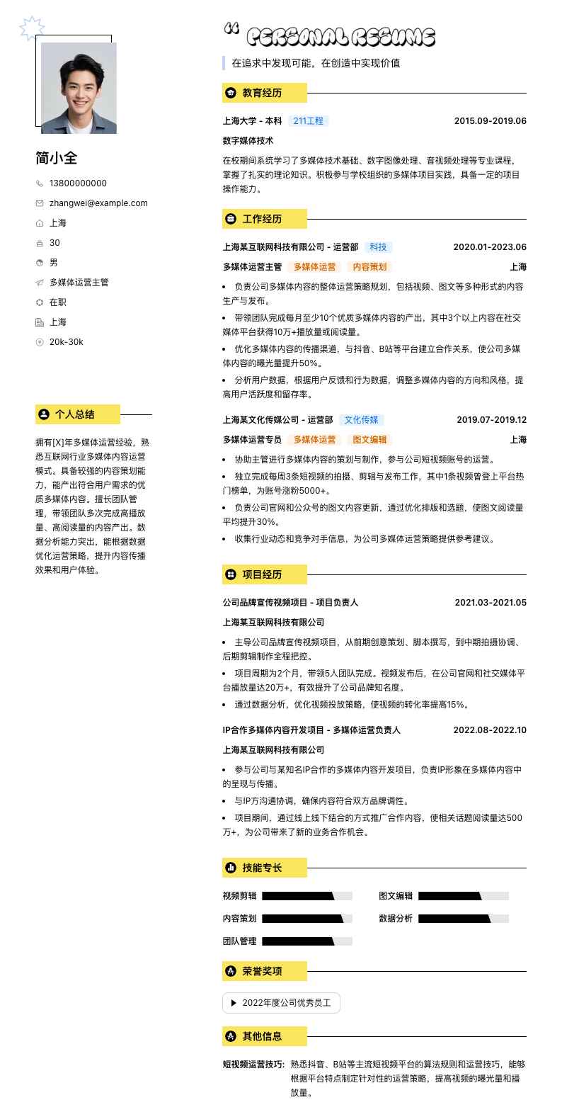 多媒体运营主管简历模板