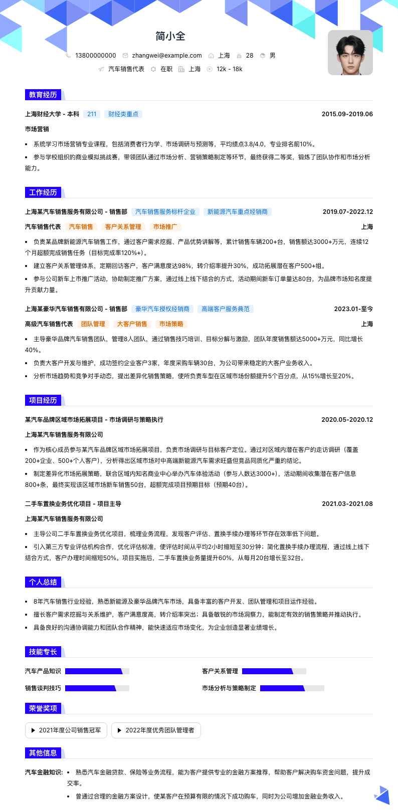 汽车销售代表简历模板