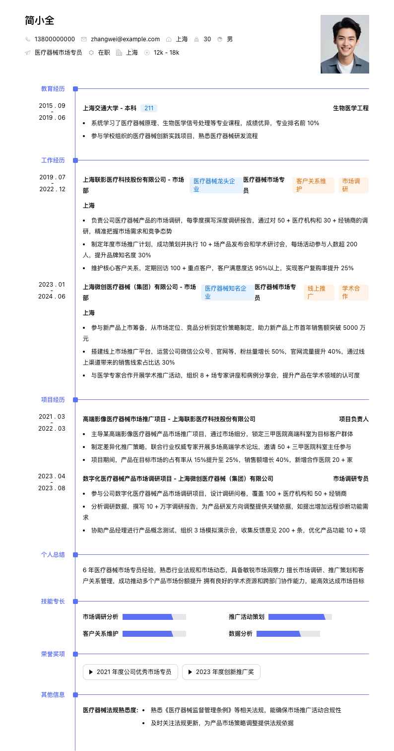 医疗器械市场专员简历模板