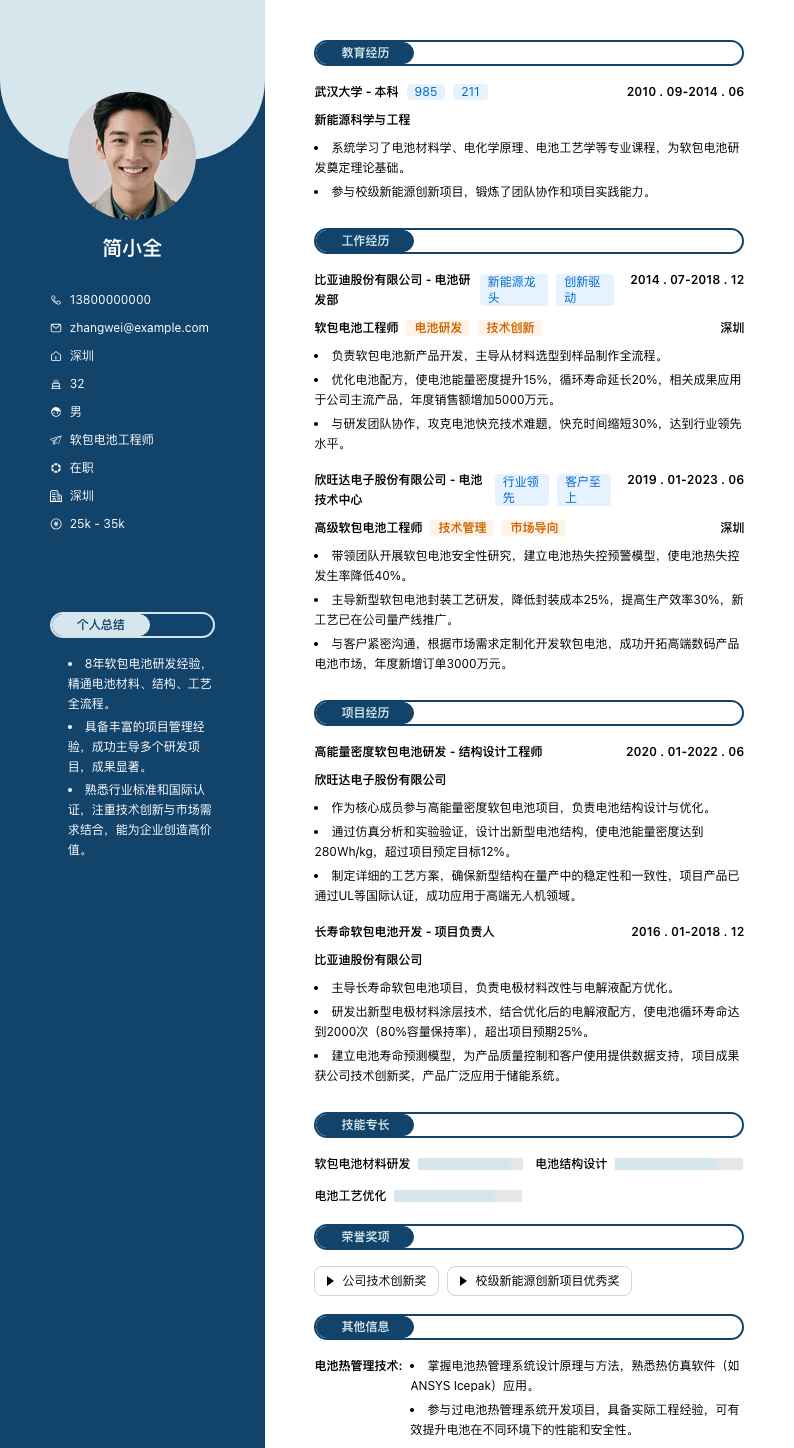 软包电池工程师简历模板