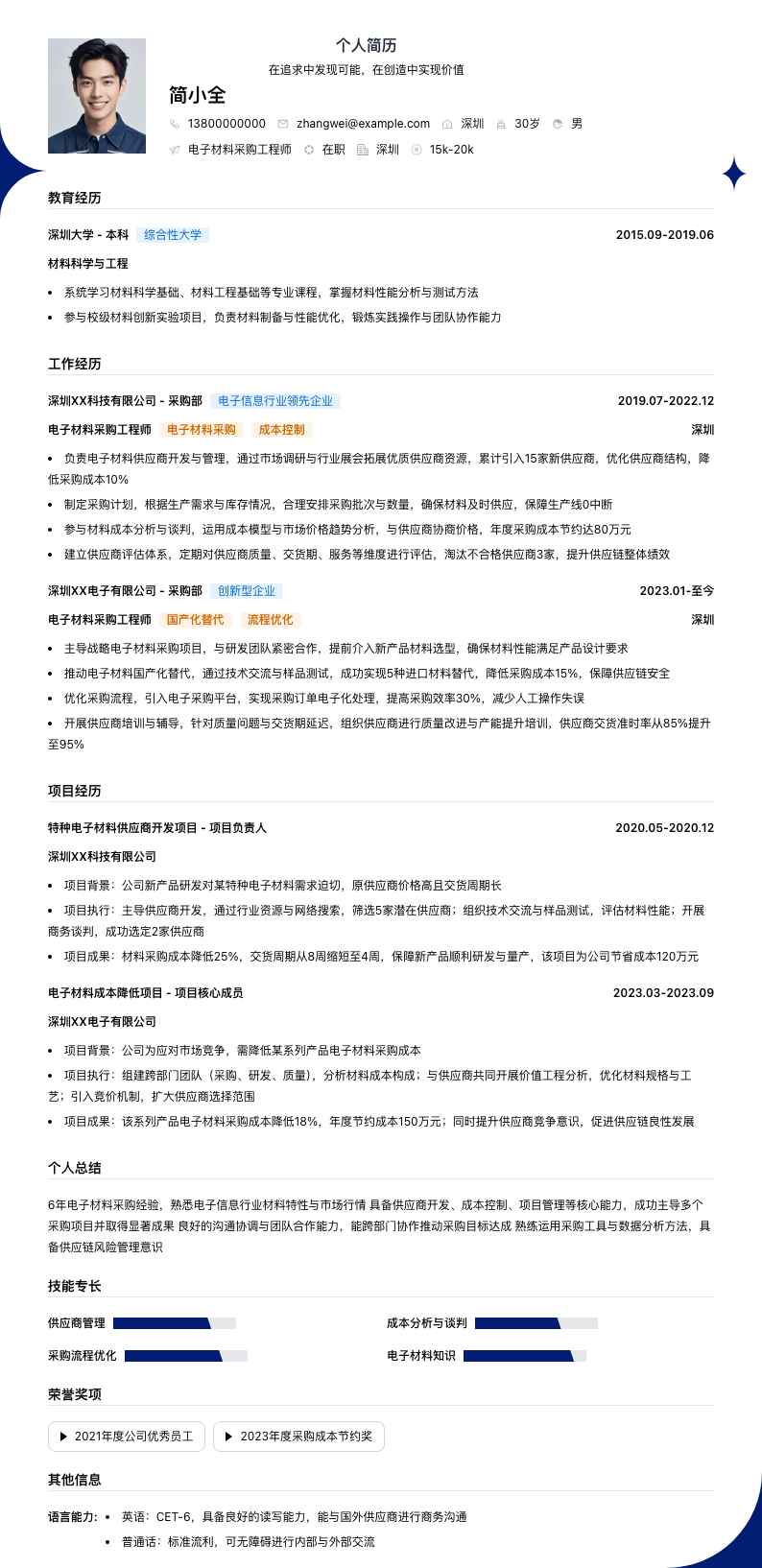 电子材料采购工程师简历模板