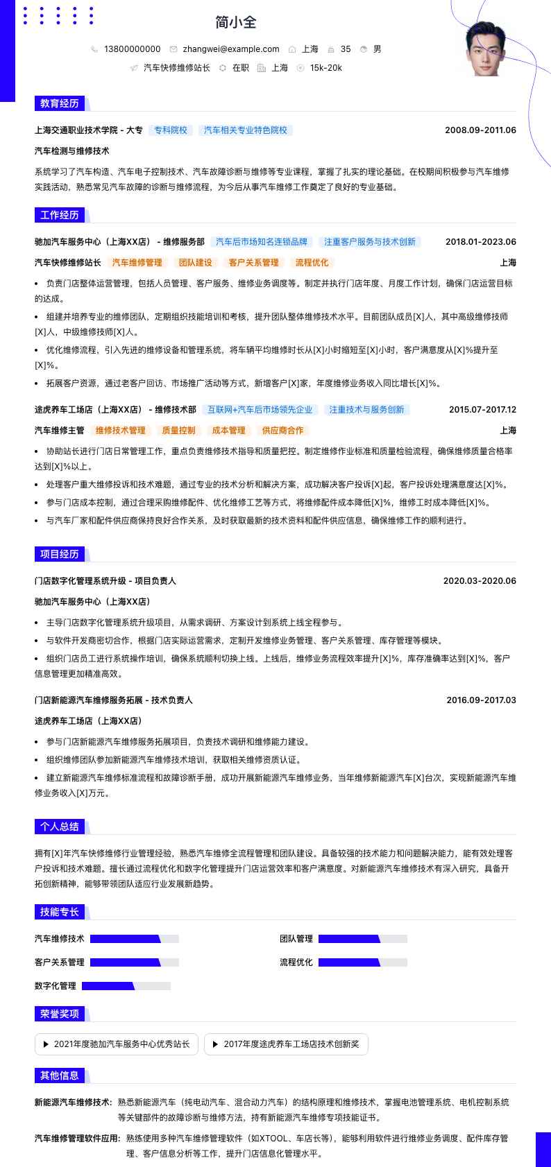 汽车快修维修站长简历模板