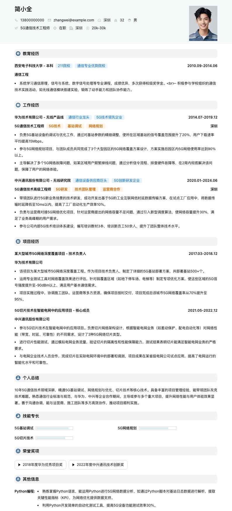 5G通信技术工程师简历模板