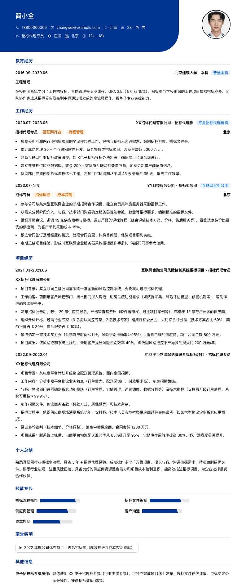 招标代理专员简历模板