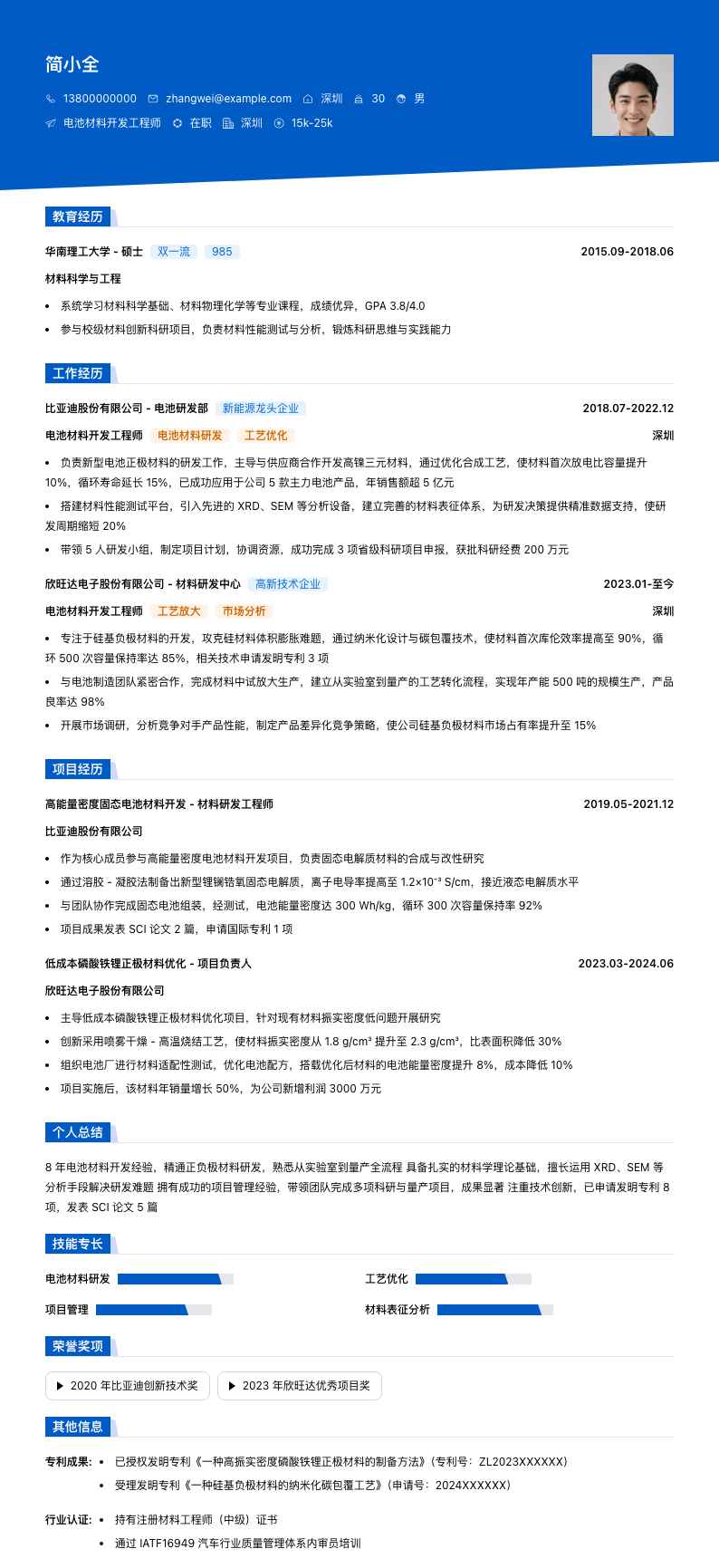 电池材料开发工程师简历模板
