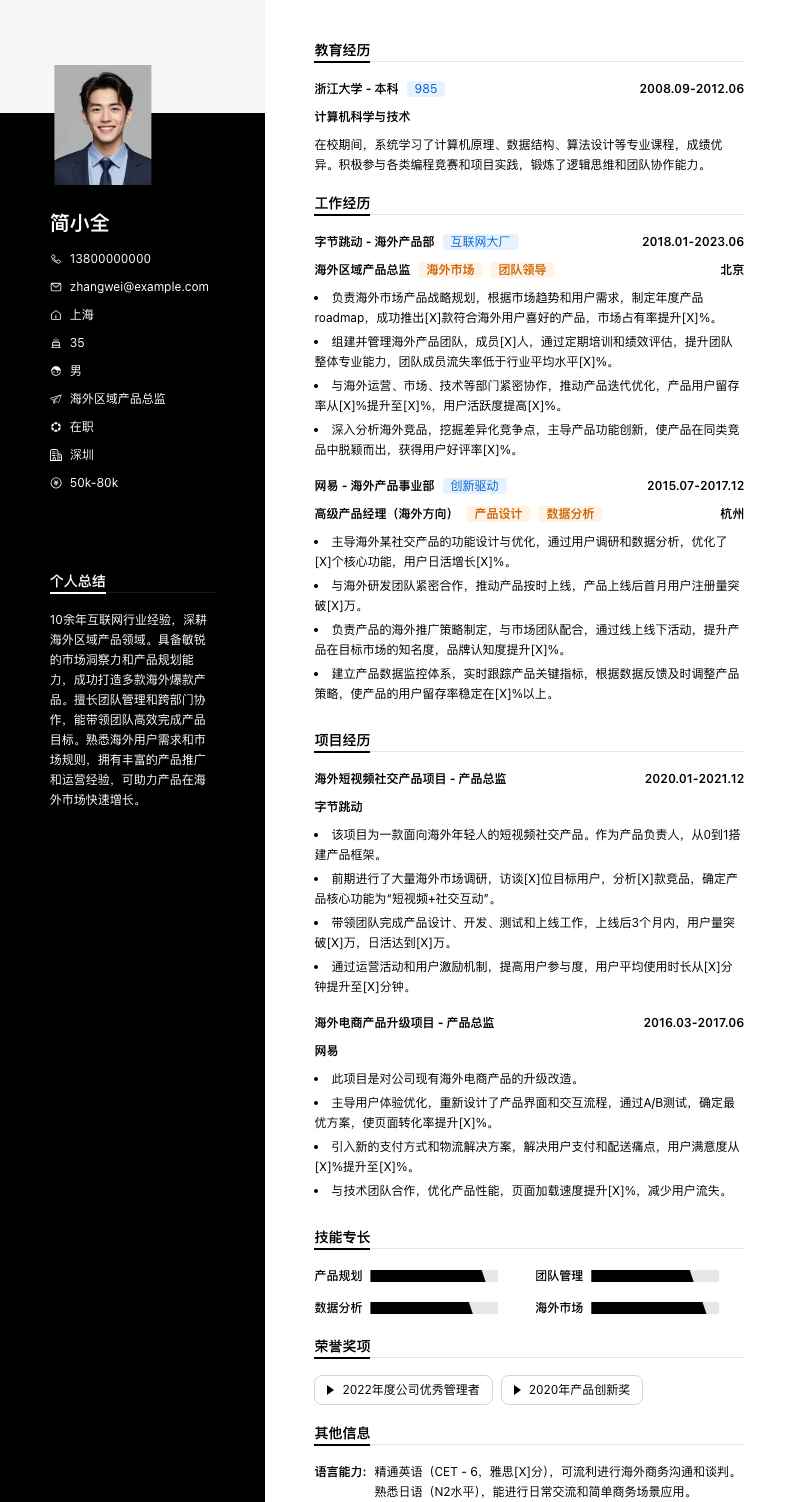 海外区域产品总监简历模板