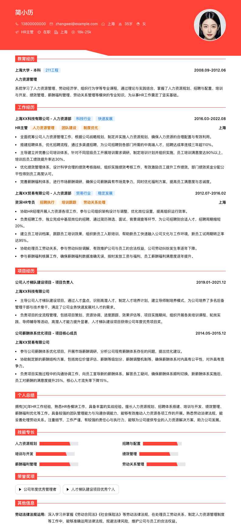 HR主管简历模板