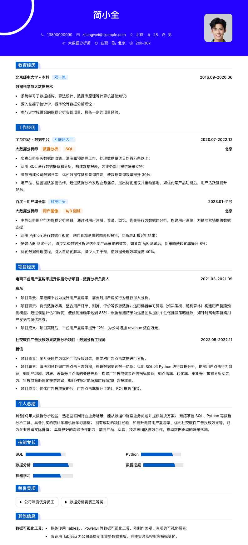 大数据分析师简历模板