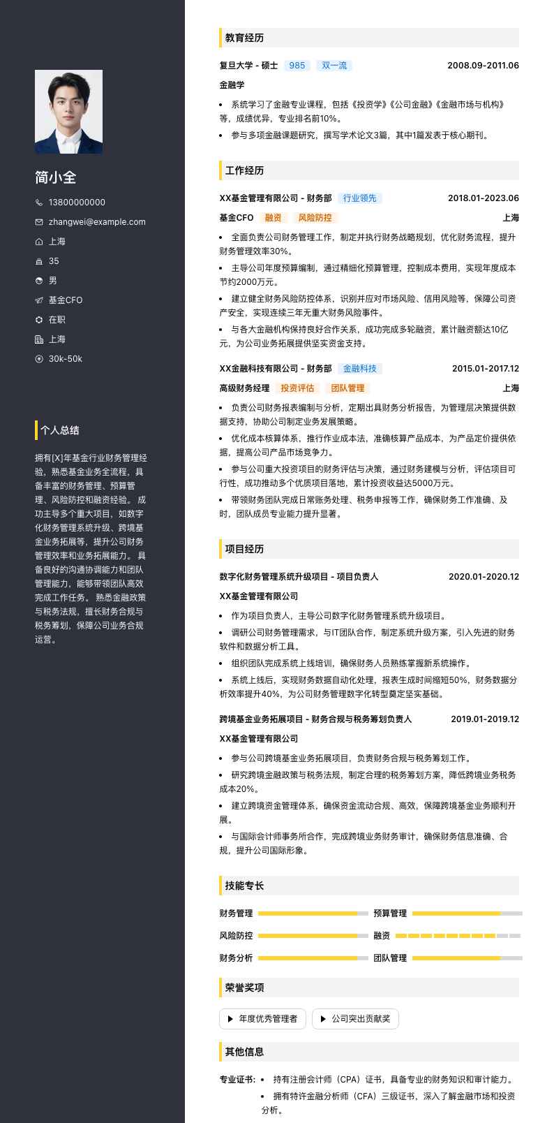 基金cfo简历模板