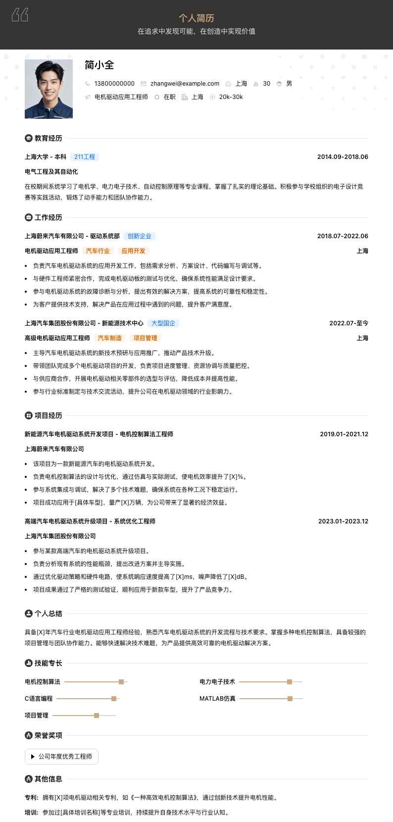 电机驱动应用工程师简历模板