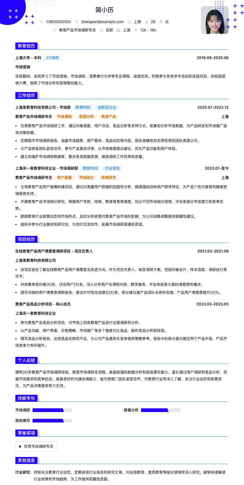 教育产品市场调研专员简历模板