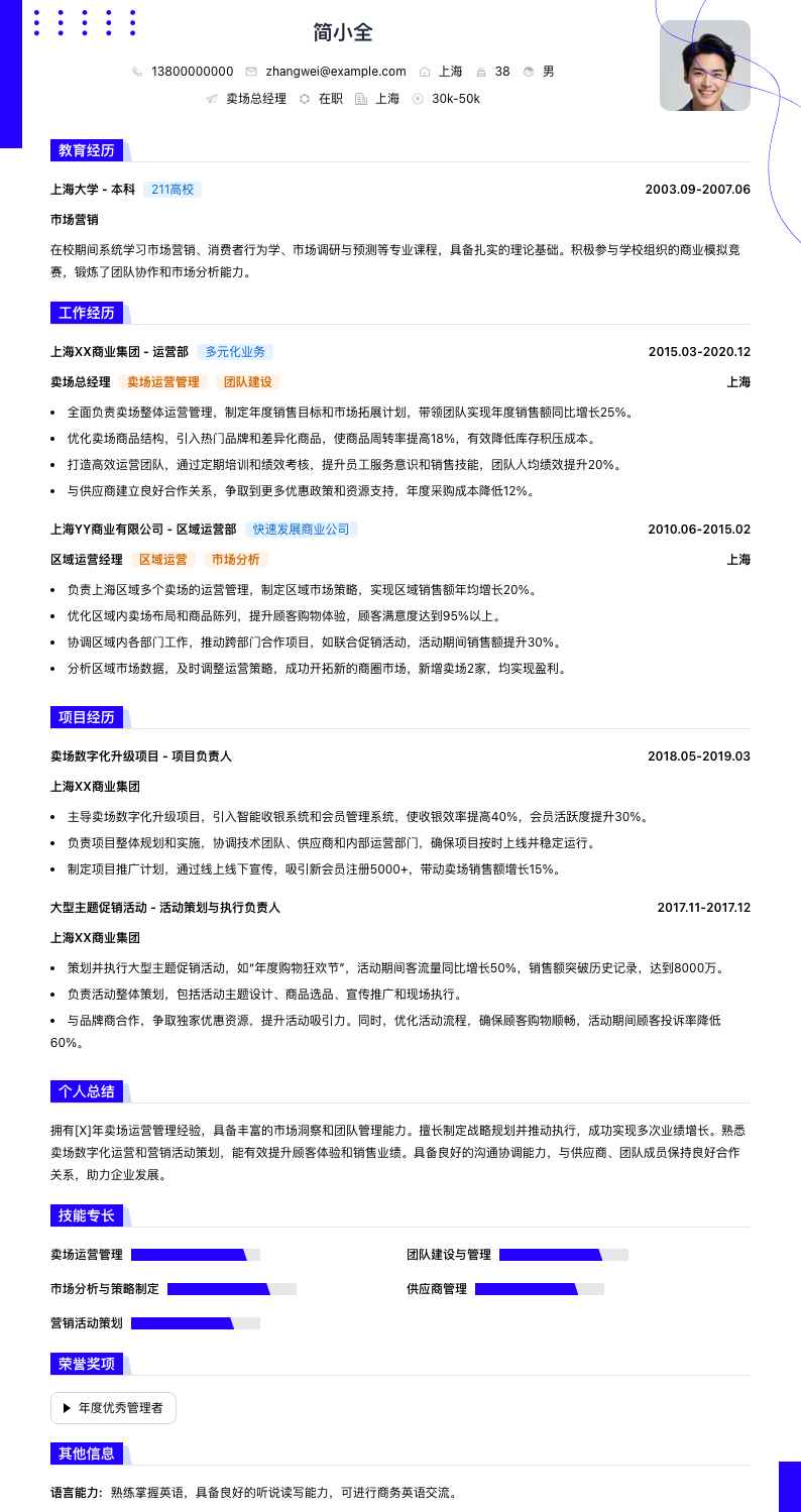 卖场总经理简历模板