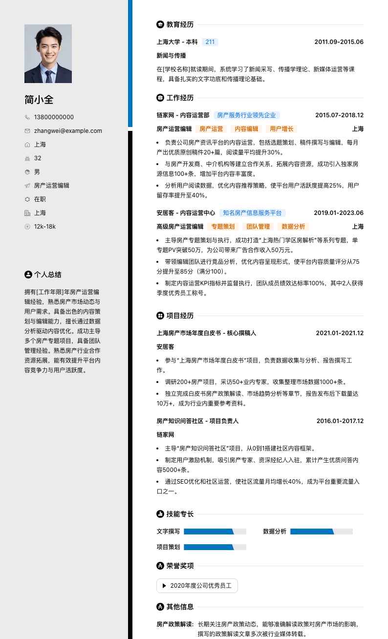 房产运营编辑简历模板