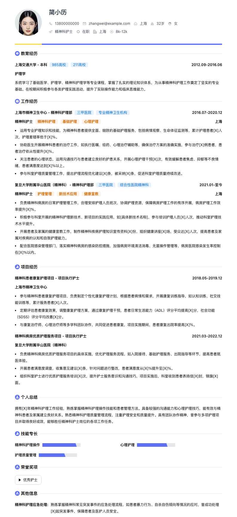 精神科护士简历模板