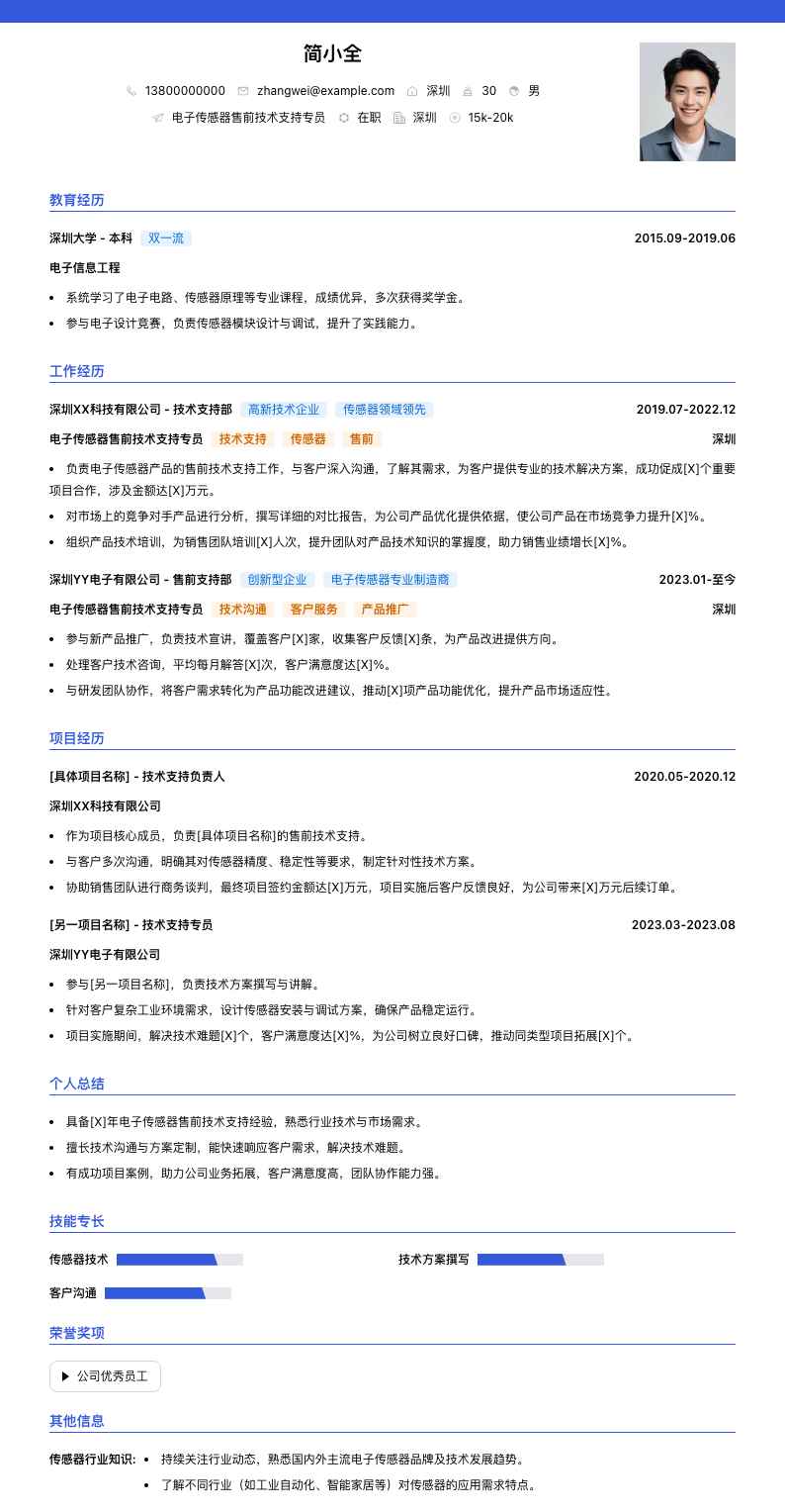 电子传感器售前技术支持专员简历模板