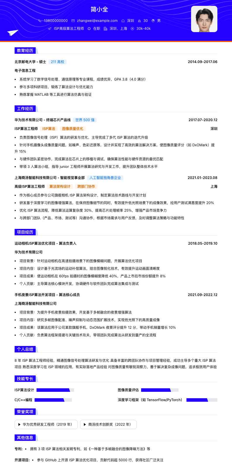 isp高级算法工程师简历模板
