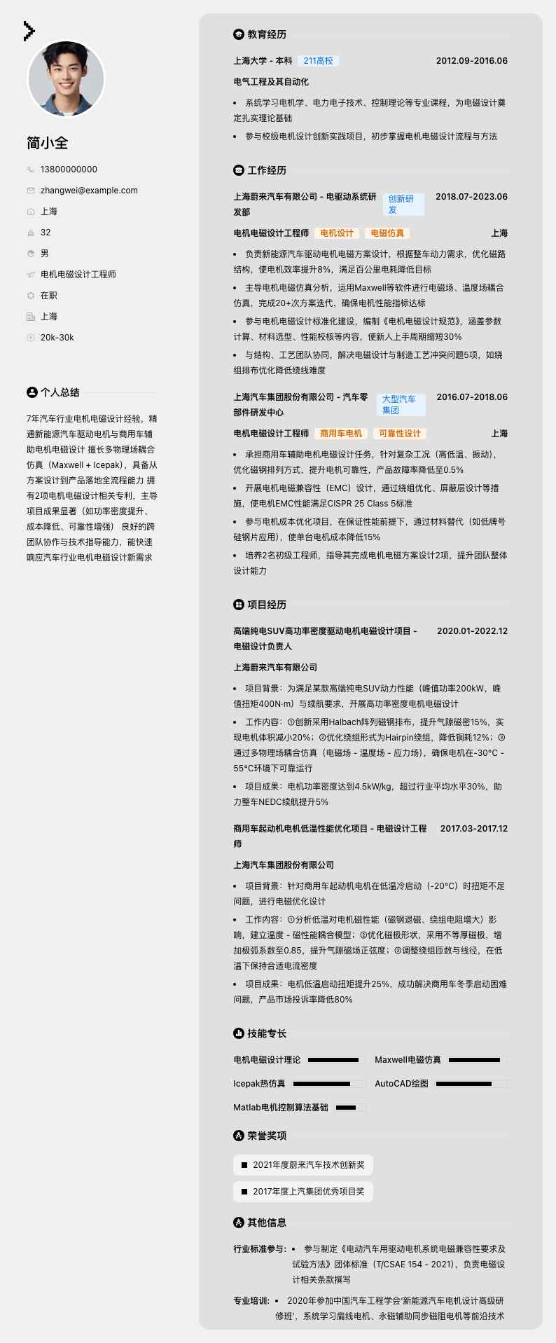 电机电磁设计工程师简历模板