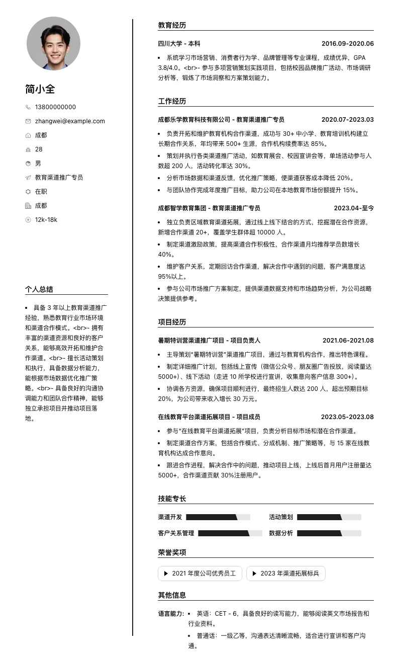 教育渠道推广专员简历模板