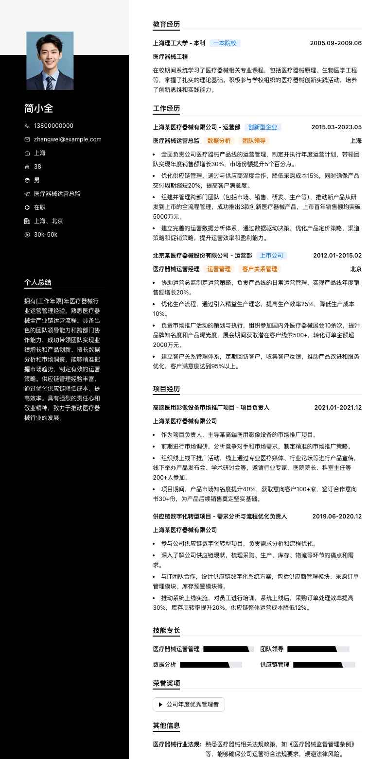 医疗器械运营总监简历模板