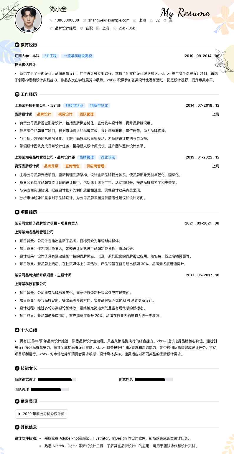 品牌设计经理简历模板