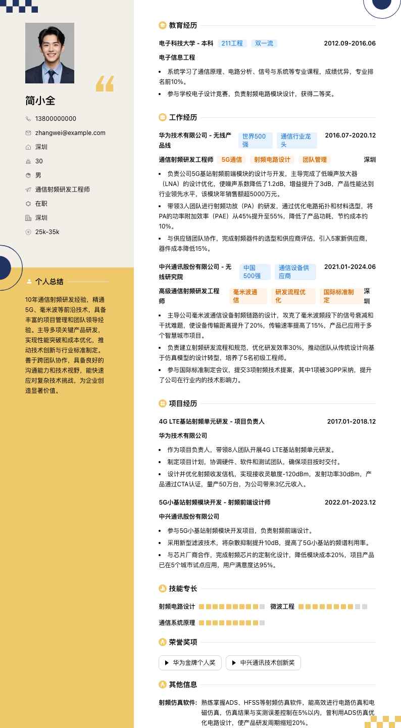 通信射频研发工程师简历模板