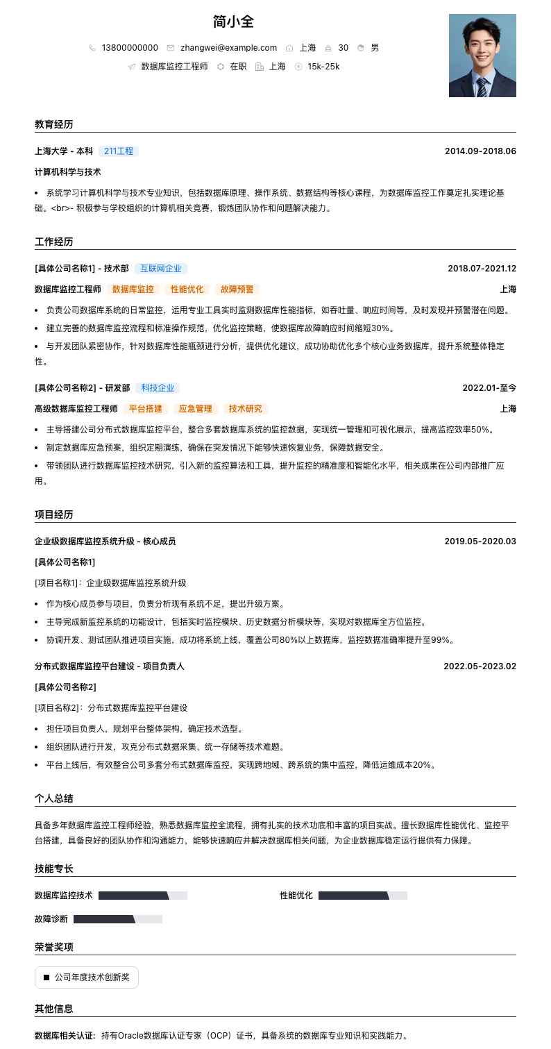 数据库监控工程师简历模板