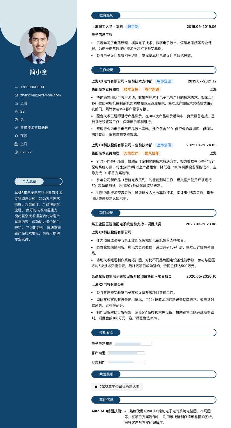 售前技术支持助理简历模板