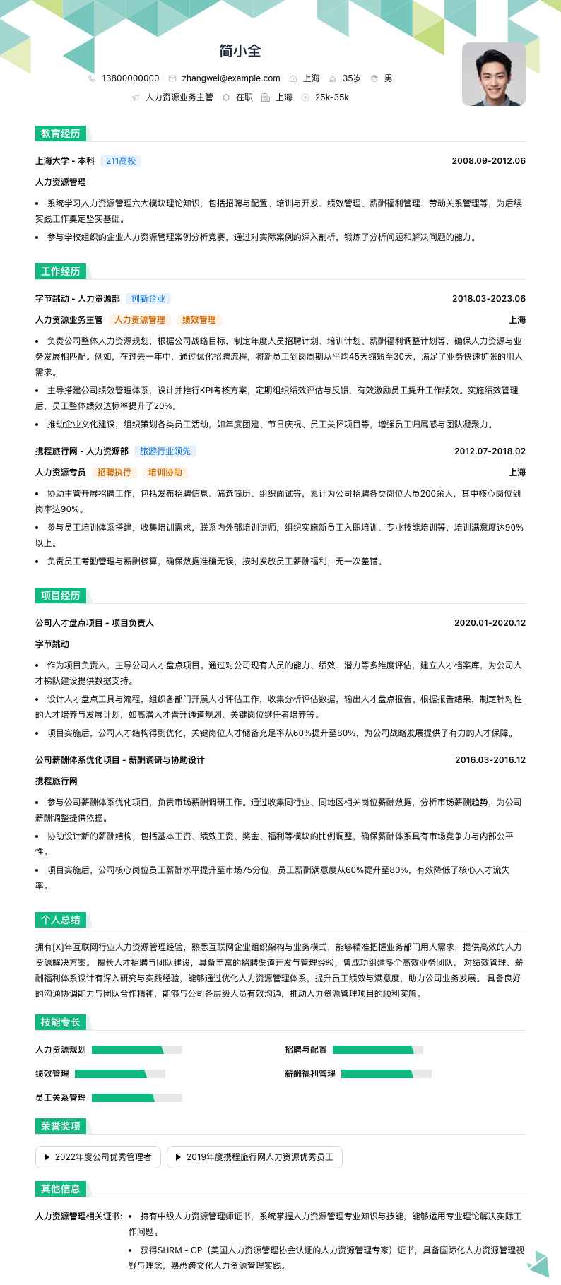 人力资源业务主管简历模板