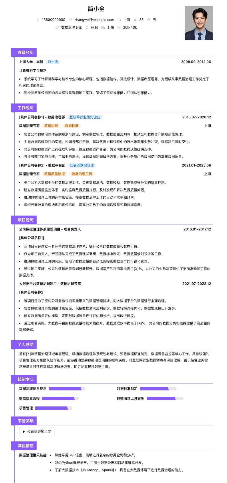 数据治理专家简历模板
