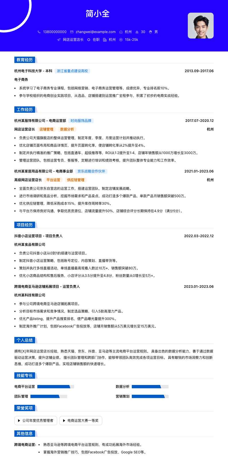 网店运营店长简历模板